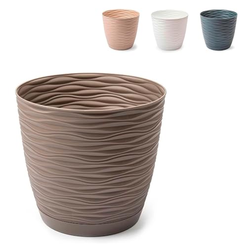Acan Tradineur - Maceta Redonda con Plato - Diseño Wind (Ø 23 cm) - Fabricado en plástico - Ideal para jardín Exterior, terraza o balcón - Color Surtido