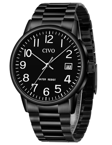 CIVO Watches for Men Analog Quartz: Waterproof Watch with Numeral Dial Easy to Read - Black Dress Mens Wrist Watch Stainless Steel - Gifts for Husband Father at Birthday Anniversary