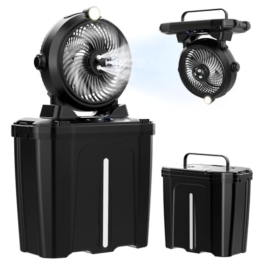 Portable Misting Fan with 11L Large Bucket, 20000mAh USB Rechargeable Battery Operated Camping Fans, 3 Large Spray Nozzles & 3 Strong Wind Speeds Misting Fan, Hanging & Lighting for Outdoor Patios