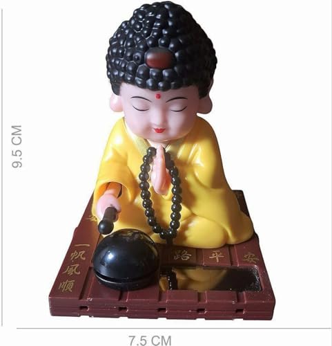 Image of Solar Powered Buddha Bobblehead Decorative Showpiece 9.5 cm | Dancing Buddha Dashboard Toy for Car Office Desk Home Decor | Automatic Solar Energy Moving Figurine (Yellow)
