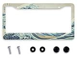 Smooffly Japanese Great Wave Off Kanegawa License Plate Frame for Women/Men, Black Stainless Steel License Plate Frame 2 Holes & Screws for Car, 12.2 x 6.3 in Fits Standard US/CA