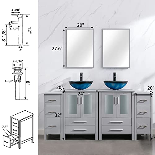 Eclife 72" Bathroom Vanities Sink Combo Grey With Side Cabinet, Ocean Blue Round Tempered Glass Vessel Sink & 1.5 Gpm Water Save Faucet & Solid Brass Pop Up Drain, With Mirror (72-A11 B02Gy) #TOP1