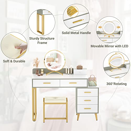 Vanity Desk with Mirror and Lights, Makeup Vanity Table Set with 6 Storage Drawers, Stool and Divided Organizers, Dressing Table with 3 Color Lighting Options for Women Girls, White and Cyan