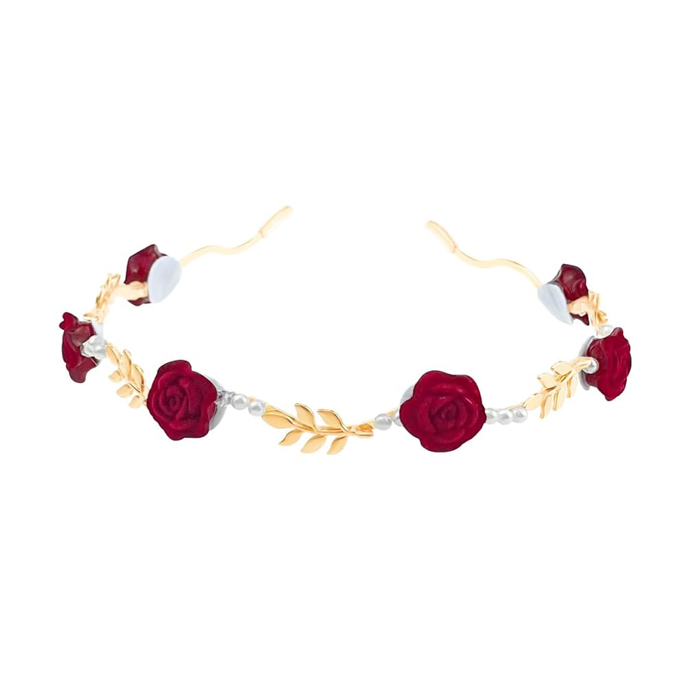 Red Rose and Pearl Headband Thin Brim Flower Hairbands Bridal Headpiece Artificial Pearls Floral Hair Hoop Accessories for Wedding Party