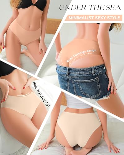 Image of UNDER THE SEA Seamless Underwear for Women Plus Size Mid Rise Lingerie Brief Sexy No Show Panties Womens Cheeky 5 Pack XS-3XL
