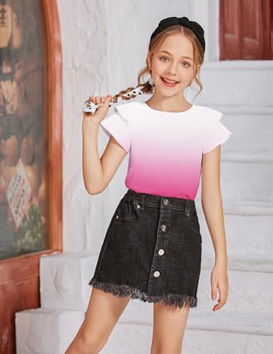 Image of Girls T Shirts Ruffle Short Sleeve Round Neck Loose Blouse Summer Solid Color Casual Girl Tee Tops for 3-12 Years