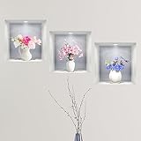 Supzone 3D Vase Wall Stickers 3 Pcs Plants Flowers Art Magic Pictures Wall Decals Creative Self Adhesive Wall Art Sticker for Aisle Entrance Bedroom Living Room Sofa Backdrop Yoga Room Wall Decor
