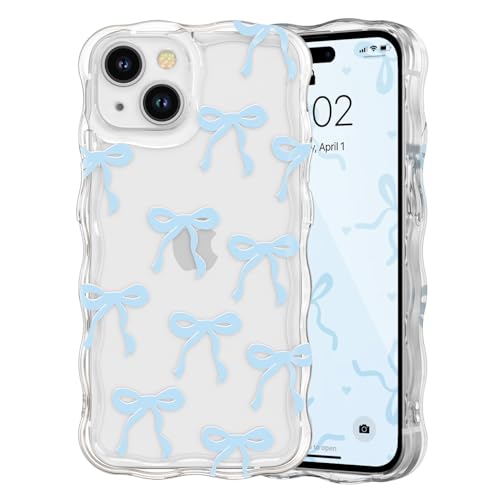 Coque iPhone 15 transparente en silicone bleu avec motif nœud papillon