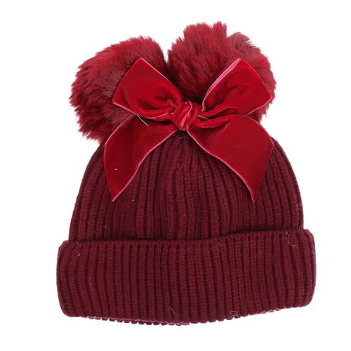 FRCOLOR 1Pc Delicate Bow Knitting Hat with Double Balls Cap for Boys and Soft Skin Friendly Material Adorable Design for Cold Days Dark Red