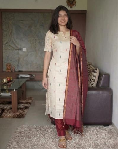 Image of GoSriKi Kurta Set for Women Viscose Printed | Kurti Set for Woman | Kurta Pant Dupatta 3 Piece Outfit | V Neck Elbow Length Sleeve Straight Ethnic Dress Stylish Clothing