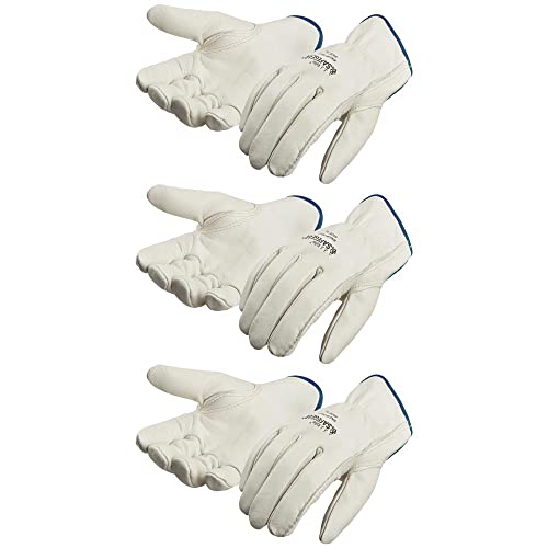 SAFEGEAR 3-pk. Large Cowhide Leather Work Gloves with Keystone Thumb - Driver Safety Gloves for Men...