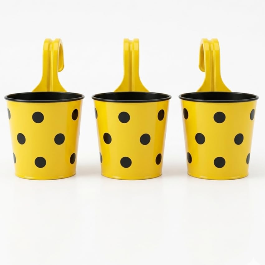 Image of Premium Hook Planter with Inner Pot | Polka Dot Hanging Planter for Balcony & Railings | Sturdy Plastic | Built-in Drainage | Vibrant Colours | Indoor & Outdoor Gardening (3, Yellow)