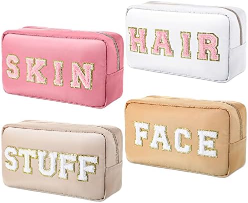 Remerry 4 Pcs Nylon Cosmetic Bag Chenille Letter Cosmetic Pouch Zipper Preppy Makeup Bag Waterproof Hair Bag with Patches Makeup Organizer Bag Set for Women (Earth Tone, Stuff, Face)