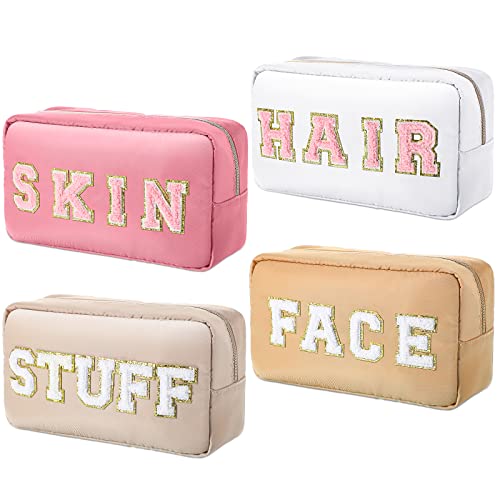 Remerry 4 Pcs Nylon Cosmetic Bag Chenille Letter Cosmetic Pouch Zipper Preppy Makeup Bag Waterproof Hair Bag With Patches Makeup Organizer Bag Set For Women (Earth Tone, Stuff, Face) #TOP8