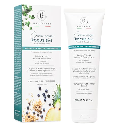 BEAUTYLEI | Crema corporal Focus 3 en 1, anticelulitis, adelgazante y reafirmante, con hiedra, piña, arándano y fenogreco, cafeína, complejo remodelante, hinojo marítimo. Fabricado en Italia