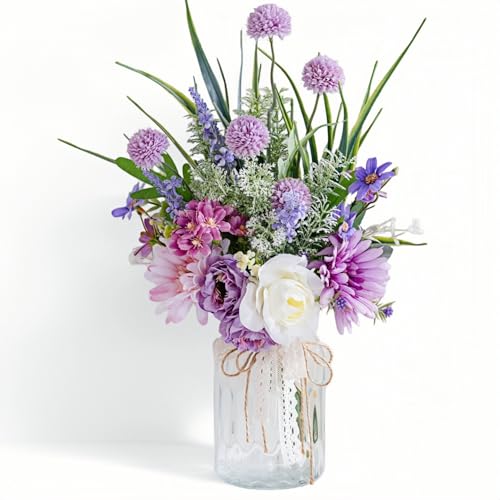 LUEUR Artificial Faux Flowers in Vase-Fake Purple Transvaal Daisy and Dandelion Flowers with Vase for Spring Decor Arrangement Decor Home Coffee Table Decor Dining Room