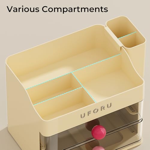 Image of UFORU Makeup Organizer for Vanity with Brush Holder, Countertop Skincare Organizer with 2 Drawers, Spacious Cosmetic Display Case for Perfumes, Eyeshadow Palettes, Nail Polishes