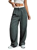 FUNSEED Business Freizeit Hosen für Damen, gerader lockerer Saum mit vertikalen Streifen und Reißverschluss am Bein mit Taschen, Grün , XX-Large