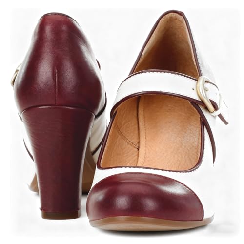 Image of SHODENSE Women Vintage Chunky High Heel Mary Jane Shoes Round Closed Toe Ankle Strap Dress Sandals 3 inch Block Heels Mary Jane Lolita Pumps Two-Toned Patchwork Buckle Office Lady Wedding Retro 4-11 M US