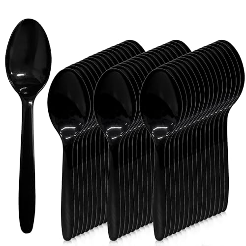 Cucharas Plastico, 100 Piezas Cucharas Postre, Cucharas, Negro Cucharas de Plastico, Reutilizable Cubiertos Plastico, Fácil de limpiar adecuado para Cumpleaños Fiestas Buffets Bodas