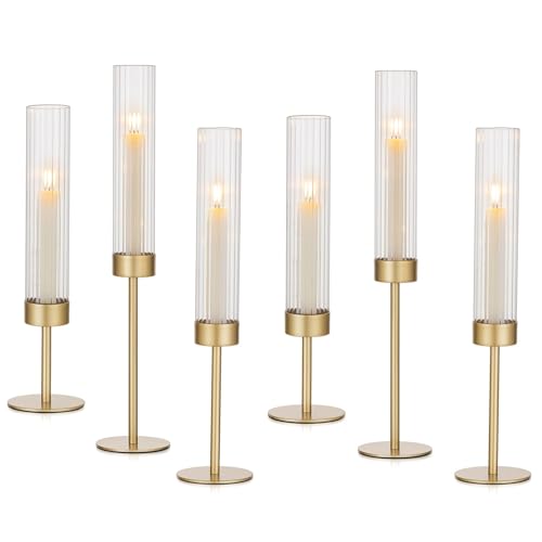 Hewory Gold Hurricane Candle Holders: Brass Candlestick Holders Set of 6 Tall Taper Candle Holders for Candlesticks Candle Sticks Holder Decor for Table Centerpiece Wedding Party Christmas Decorations
