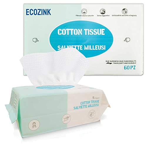 ECOZINK Toallitas Secas De Algodon, Toallitas Secas Para Bebes, Toallitas Secas Faciales, Toallitas secas Desmaquillantes algodon 100%, Toallitas intimas ecológicas biodegradables, (1 PAQUETE 60 UDS)