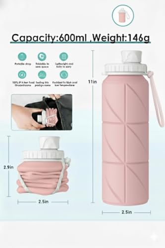 Image of Barebeauty Folding Silicone Water Bottle | Collapsible Travel Water Bottle for Gym, Office, School, Cycling, Hiking & Outdoor Sports | Leak-Proof, Portable Bottle | 600 Ml (Pink)