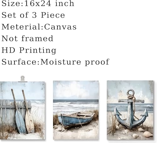 3Pcs Nautical Beach Wall Art Sailboat Paddle and Anchor Paintings Pictures Wall Decor Nautical Coastal Posters Prints Artwork for Living Room Bedroom Home Office Corridor Home Decroation Unframed - Image 2
