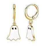 Halloween Earrings 14K Gold Plated Cute Spooky Ghost Hoop Dangle Earrings for Women Girls Fun Halloween Holiday Party Jewelry Gifts (Gold)
