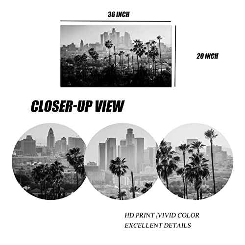 Fushvre - Black And White City Skyline Wall Art Los Angeles Downtown And Palm Tree Landscape Canvas Picture Print Cityscape Painting Wall Decor For Living Room Bedroom Framed 20"X 36" #TOP4