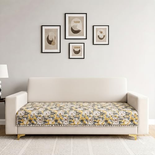 Image of Homerz Premium Printed Quilted Velvet Sofa Slip Cover Protector with Tassels, Sofa Mat, Exact Size, Antislip Cover (Antique Garden, 3 Seater, Half)