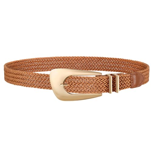 JASGOOD Women Straw Woven Skinny Waist Belt Raffia Boho Rattan Braided Belt for Dresses Pants with Big Gold Buckle,1.1