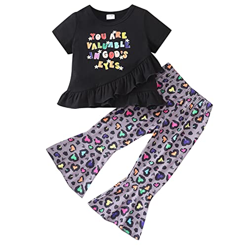 Puseky Toddler Baby Girl Clothes 2T 3T Bell Bottoms Outfits Letters Print Short Sleeve Ruffle Shirt Flared Pants Girls Summer Outfits Black #TOP11