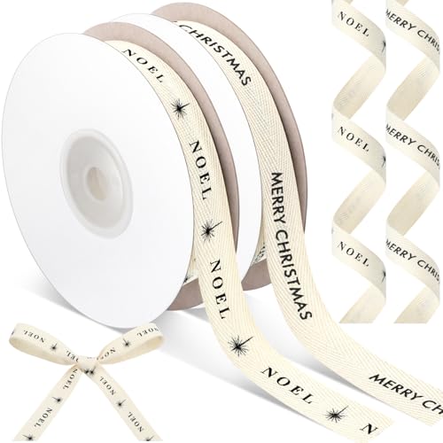 Wavwavw 20 Yards Merry Christmas Noel Ribbon Natural 5/8 Inch 100% Cotton Herringbone Twill Fabric Ribbon Xmas Decorations for Crafts Holiday Party Gifts Wrapping 2 Rolls