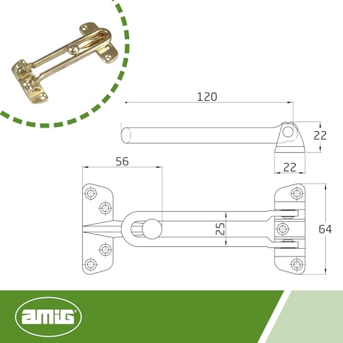 Amig - Sicherheitskette für Türen Modell 2 - Stangenlänge 120 mm - Einsteckgriff für Eingangstüren - Robuster Verschluss durch Seitenleiste - Zamak Messing lackiert