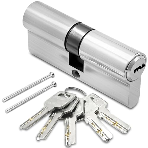 Leyrens Cilindro de seguridad, 1 pieza 35/35mm euro latón cilindro con 5 llaves horizontales de latón, níquel satinado, accesorios de repuesto, antiperforaciónm, para puertas y entradas exteriores
