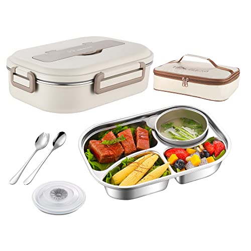 Bento Box,1500Ml Stainless Steel Lunch Box,Versatile 4-Compartment Portable Lunch Box Container-Salad Lunch Containers For Adults/Kids With Soup Bowl Spoon Fork Thermos Bag Accessories (Creamy White) #TOP4