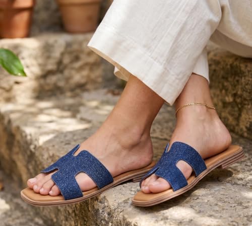 KENMITDY Sandals for Womens Slip On Fashion Flat Sandals Soft Memory Foam Slides Comfortable Leather Open Toe Slide Summer Dressy Denim Size 8 — view 2