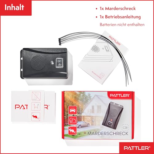 PATTLER® Marderschreck Auto batteriebetrieben für ca. 40m² - mit Ultraschall & Anti Gewöhnungseffekt. Mobiler Marderschutz mit Batteriebetrieb. Marderabwehr Auto, Haus, Dachboden, Garten.