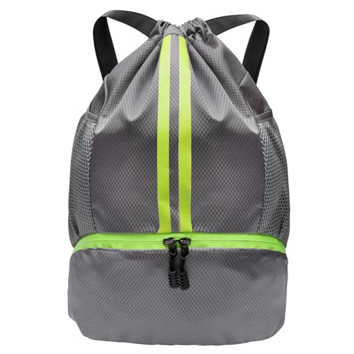Sports Drawstring Backpack, Gym Bag for Men Women with Shoe Compartment, Waterproof Pocket, Drawstring Swim Bag