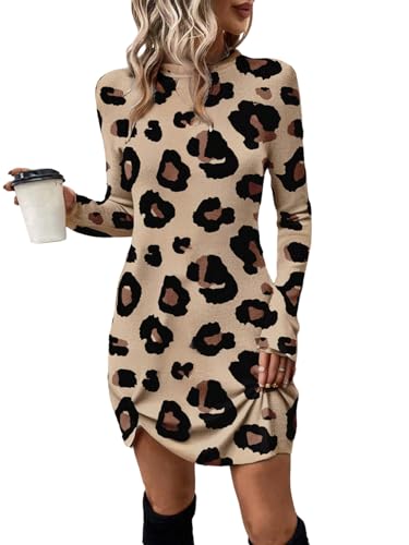 SweatyRocks Kleid Langarm Damen Herbst Leoparden Kleid Mit Twist Herbstkleid Minikleid Tshirt Kleider Damenkleider Herbstmode Khaki L