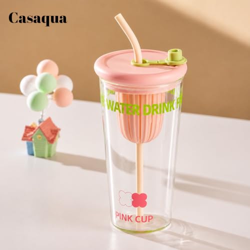 Image of Glass Tumbler with Straw & Silicone Lid - 450ml, Set of 1, Reusable Drinking Cup with Built-in Fruit Infuser, Leakproof Water Cup for Juice, Milk & Smoothies, Clear Glass Travel Mug