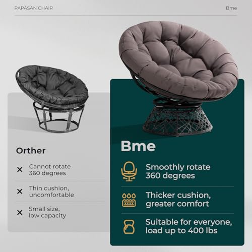 Image of Bme Ergonomic Wicker Papasan Chair with Soft Thick Density Fabric Cushion, High Capacity Steel Frame, 360 Degree Swivel for Living, Bedroom, Reading Room, Lounge, Smoky Quartz - Black Base
