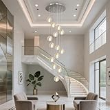 GINSENGLUX 14 Lights Nickel Staircase Chandelier for High Ceiling, Dimmable Modern Crystal Raindrop Large Long Hanging Pendant Light for Stairwell Living Room Stair Foyer, Bulbs Included