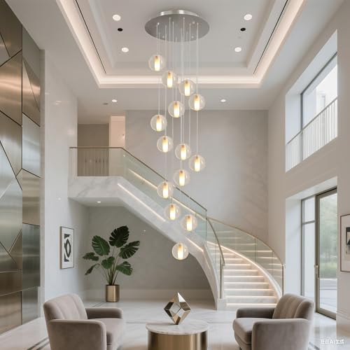 GINSENGLUX 14 Lights Nickel Staircase Chandelier for High Ceiling, Dimmable Modern Crystal Raindrop Large Long Hanging Pendant Light for Stairwell Living Room Stair Foyer, Bulbs Included