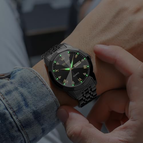 OLEVS Original Men's Diamond Watch Analog Quartz Stainless Steel Calendar Business Dress Watch with Luminous Waterproof Casual Wristwatch