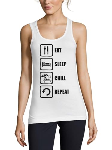 Camiseta sin mangas Eat Sleep Chill de algodón blanco para mujer de Atspauda