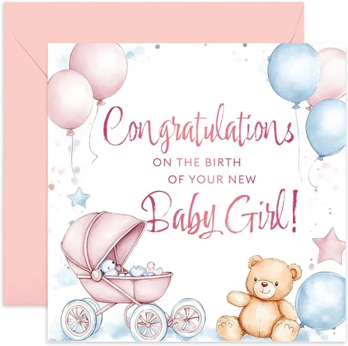 Congratulations on Your New Baby Girl Greeting Card - Well Done, Congrats, Welcome To the World - Pink Balloons and Pram - Newborn Gift for Mummy Daddy