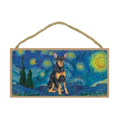 SJT ENTERPRISES, INC. Van Gogh's Starry Night Inspired Miniature Pinscher 5" x 10" Wood Plaque Sign Featuring the Artwork of Tomoyo Pitcher (42447) Cover