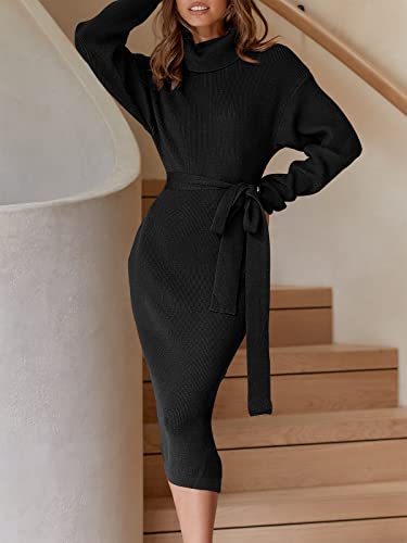 Anrabess Sweater Dress For Women 2023 Fall Winter Turtleneck Oversized Chunky Knitted Slit Slim Fit Tie Front Knee Length Pullover Bodycon Midi Dress 675Heise-S Black #TOP2